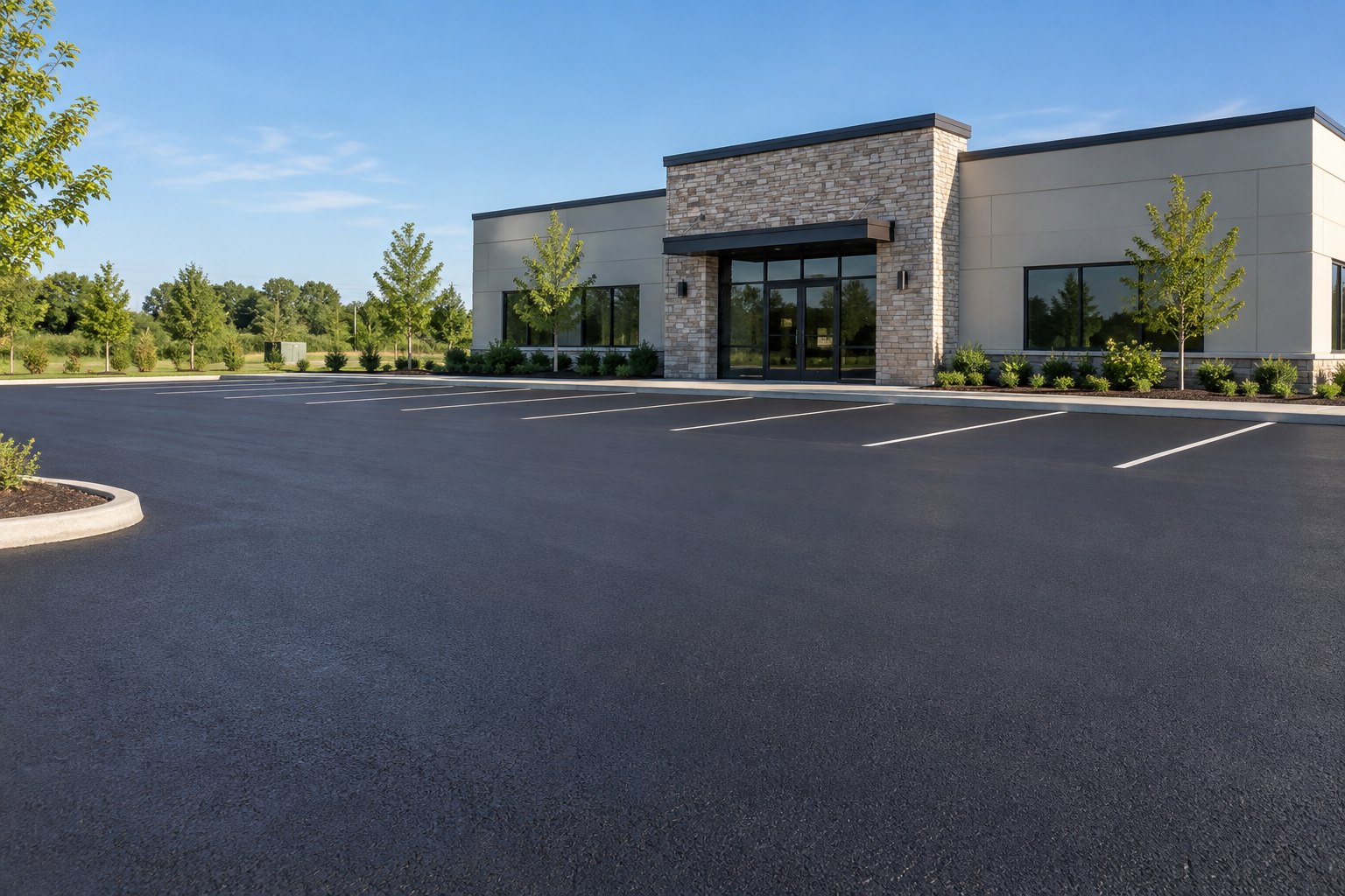 Freshly sealed commercial asphalt parking area